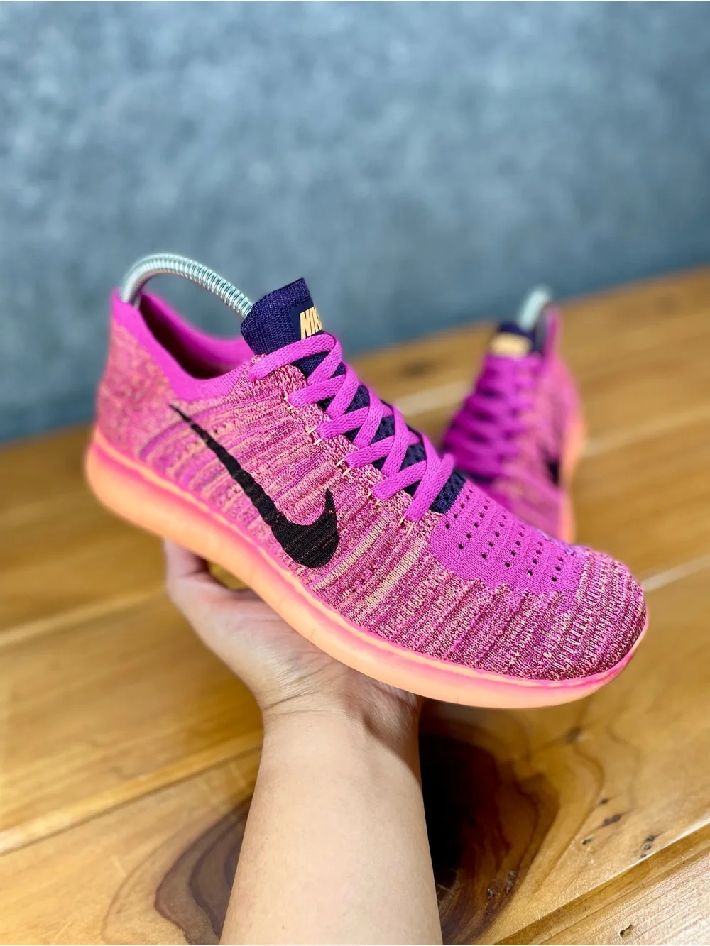 Nike Free RN Flyknit 2016 Kids Size 6.5Y / Womens 8 Pink Purple Running Shoes